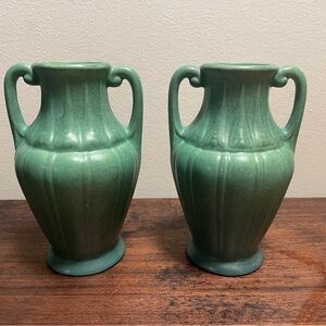 Set of 2 Green Vintage Art Pottery Vases with Handles